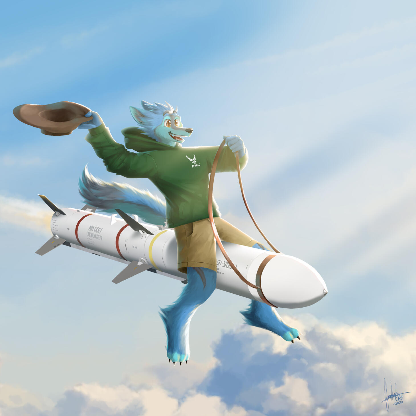 Wadz ridding a missile like a cowboy