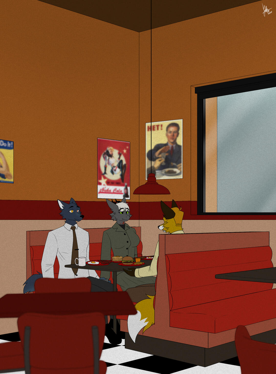 Josef, Erika and Golddie talking over lunch at a retro diner