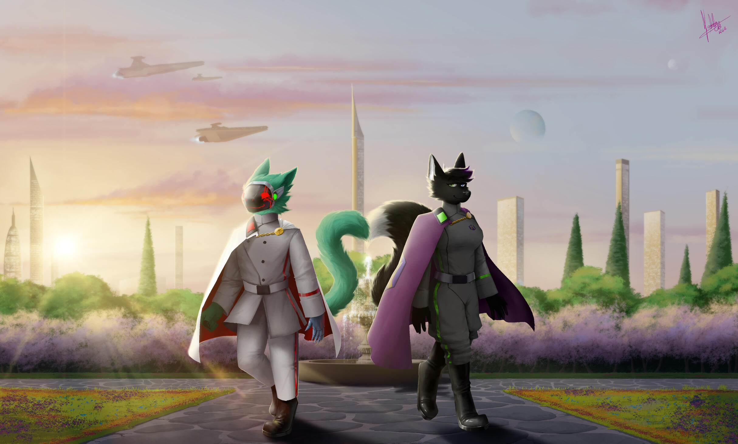 Sci-fi Glory and Rye walking together