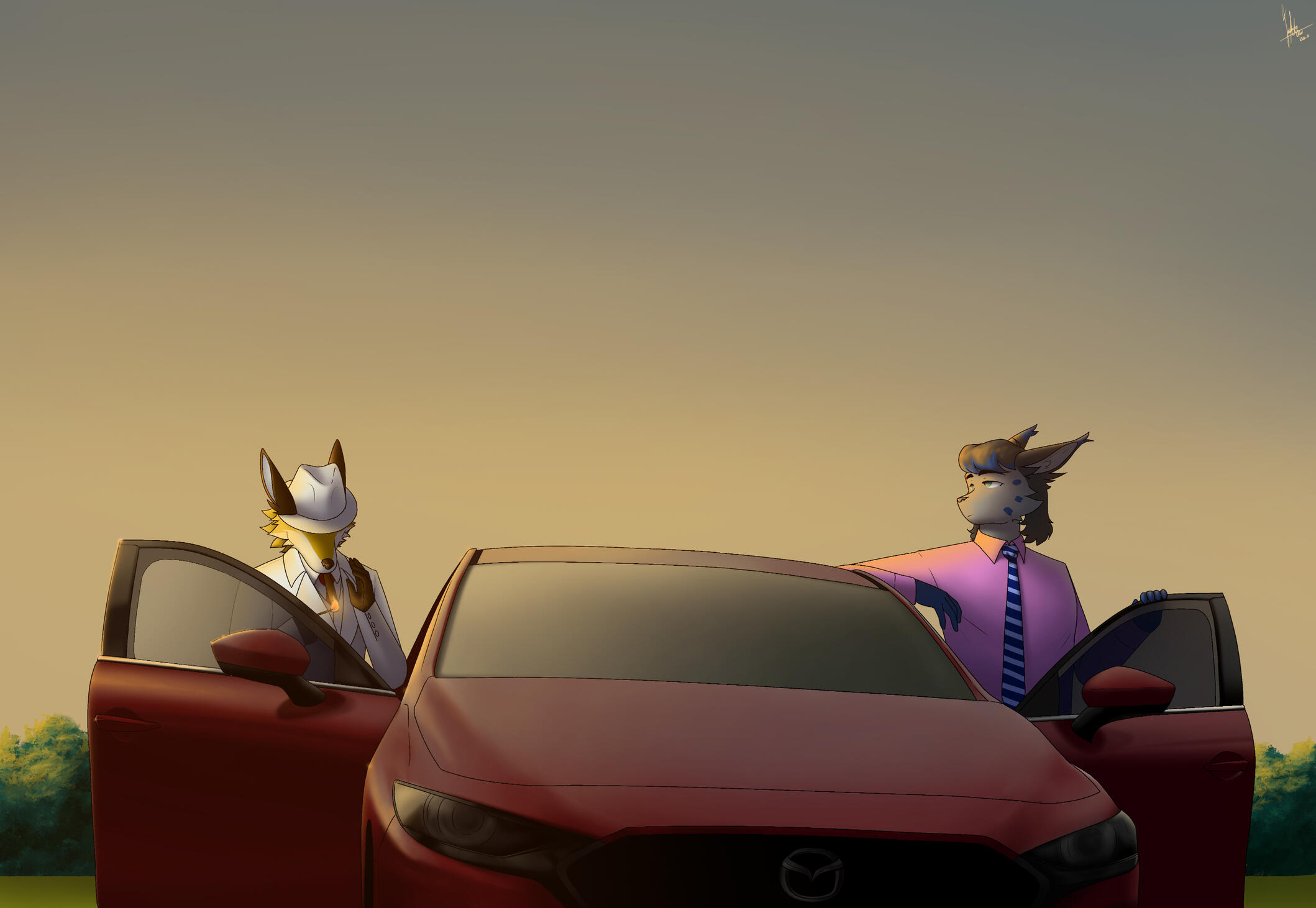 Golddie and Alek with a Mazda 3